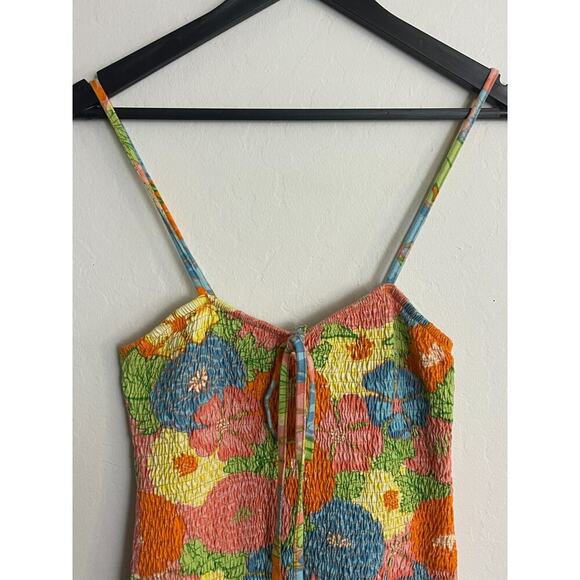 Zara L Dress Hawaiian Floral Smocked Stretch Mini Cover Up Halter 70s Style - Picture 3 of 8